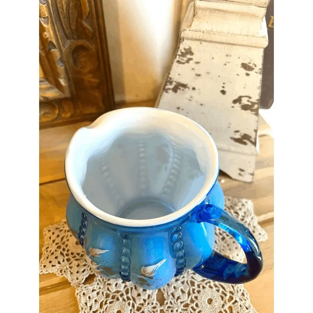 Vintage Fenton Melon Rib Blue Topaz Pitcher – 1992 Hand Painted Floral Art Glass